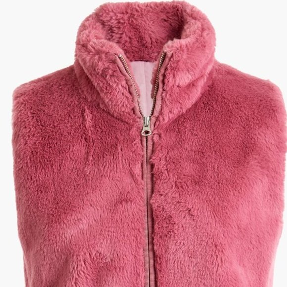J.Crew Mercantile Guava Berry Faux Fur Zip up Teddy Vest - Picture 2 of 13